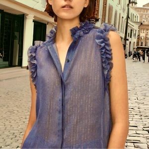 7 for All Mankind Sleeveless Ruffle Trim Shirt Denim and Gold Extra Small NWT